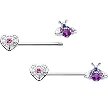 Load image into Gallery viewer, 14G 9/16 Pink Blue Gem Spiderweb Heart Insect Barbell Nipple Ring Set