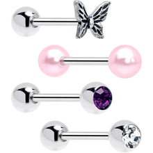 Load image into Gallery viewer, Purple Clear CZ Gem Butterfly Pink Barbell Tongue Ring Set of 4