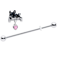Load image into Gallery viewer, 14G Pink Gem Sleepy French Bulldog Dangle Industrial Barbell 38mm
