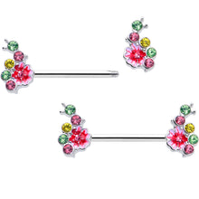 Load image into Gallery viewer, 14G 9/16 Green Pink Gem Caterpillar Flower Barbell Nipple Ring Set