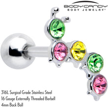 Load image into Gallery viewer, 16G 1/4 Pink Green Gem Caterpillar Cartilage Tragus Earring