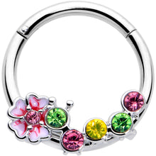 Load image into Gallery viewer, 16G 3/8 Green Pink CZ Gem Caterpillar Flower Hinged Segment Ring