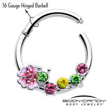 Load image into Gallery viewer, 16G 3/8 Green Pink CZ Gem Caterpillar Flower Hinged Segment Ring