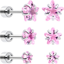 Load image into Gallery viewer, Pink Star CZ Flat Back Stud Earrings - 3 Pairs