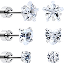 Load image into Gallery viewer, Clear Simplistic Heart Star CZ Flat Back Stud Earrings - 3 Pairs