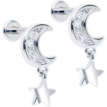 Load image into Gallery viewer, Titanium Flat Back Earring Set - CZ Crescent Moon Star Dangle 16G