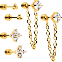 Load image into Gallery viewer, 20G Clear Gem Gold Tone Ball Chain Dangle Flatback Earring Set of 6