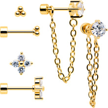 Load image into Gallery viewer, 20G Clear Gem Gold Tone Ball Chain Dangle Flatback Earring Set of 6