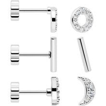 Load image into Gallery viewer, 20G Clear CZ Gem Moon Circle Bar Reversible Flower Flat Back Earring Set of 6