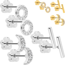 Load image into Gallery viewer, 20G Clear CZ Gem Moon Circle Bar Reversible Flower Flat Back Earring Set of 6