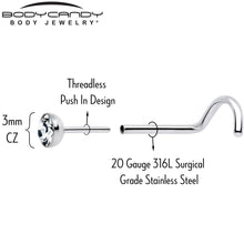 Load image into Gallery viewer, 20G 3mm CZ Bezel Set Push-In Threadless Nose Screw Nose Ring