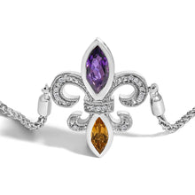 Load image into Gallery viewer, .925 Sterling Silver Marquise Purple Amethyst, Orange Citrine, and Diamond Accent Lariat 4â€-10†Fleur De Lis Adjustable Bolo Bracelet (I-J Color, I1-I2 Clarity)