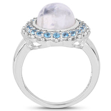 Load image into Gallery viewer, 7.21 Carat Genuine White Rainbow Moonstone & Swiss Blue Topaz .925 Sterling Silver Ring