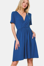 Load image into Gallery viewer, Surplice Short Sleeve Brushed DTY Dress – Elegant, Stylish Surplice Neckline, Soft Brushed Fabric, Comfortable All-Day Wear