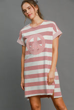 Load image into Gallery viewer, Peace Applique Striped Short Sleeve Mini Dress β Trendy Stripes, Playful Peace Applique, and High-Low Hem for a Chic Casual Look