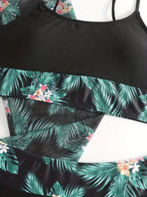 Load image into Gallery viewer, Bikini 3 Piece Tropical Print Swimsuit Set – High Stretch Comfortable Women's Bikini with Crew Neck Mesh Cover-Up – Chic Vacation Beachwear for Summer Casual Style & Poolside Glamour