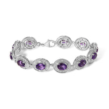 Load image into Gallery viewer, Sterling Silver 5x7 MM Oval Purple Amethyst & Diamond Halo Link Bracelet
