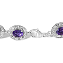 Load image into Gallery viewer, Sterling Silver 5x7 MM Oval Purple Amethyst & Diamond Halo Link Bracelet