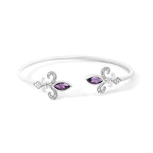 Load image into Gallery viewer, .925 Sterling Silver 8X4MM Marquise Purple Amethyst and Diamond Accent Fleur Di Lis Open Cuff Bangle (I-J Color, I1-I2 Clarity) - 7"