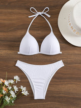 将图片加载到图库查看器,Bikini Rib Knit Solid Color Triangle 2 Piece Swimsuit for Women – Adjustable Tie Back Halter Bikini Set with Spaghetti Straps – High Stretch Polyester Swimwear for Summer Beachwear Poolside Relaxation and Tropical Vacation