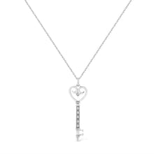 Load image into Gallery viewer, .925 Sterling Silver Pave and Bezel-Set Diamond Accent Key 18" Heart and Lock Pendant Necklace (K-L Color, I1-I2 Clarity)