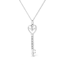 Load image into Gallery viewer, .925 Sterling Silver Pave and Bezel-Set Diamond Accent Key 18" Heart and Lock Pendant Necklace (K-L Color, I1-I2 Clarity)
