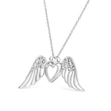 将图片加载到图库查看器,.925 Sterling Silver Pave-Set Diamond Accent Angel Wing 18" Double Heart Pendant Necklace (I-J Color, I1-I2 Clarity)