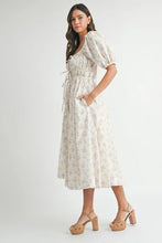 Load image into Gallery viewer, Floral Drawstring Detail Puff Sleeve Midi Dress – Romantic Floral Midi Dress, Ruched Drawstring Dress, Feminine Puff Sleeve Dress, Trendy Garden Party Dress For Summer