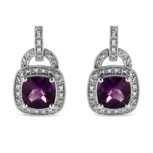 Load image into Gallery viewer, .925 Sterling Silver 8MM Natural Cushion Shaped Amethyst and Diamond Accent Halo with Push Back Dangle Earrings (I-J Color, I2-I3 Clarity)