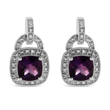 Load image into Gallery viewer, .925 Sterling Silver 8MM Natural Cushion Shaped Amethyst and Diamond Accent Halo with Push Back Dangle Earrings (I-J Color, I2-I3 Clarity)