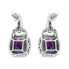 Load image into Gallery viewer, .925 Sterling Silver 8MM Natural Cushion Shaped Amethyst and Diamond Accent Halo with Push Back Dangle Earrings (I-J Color, I2-I3 Clarity)