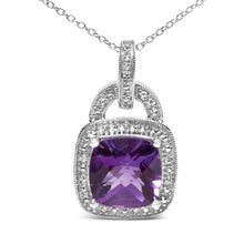 Load image into Gallery viewer, .925 Sterling Silver 10X10 MM Cushion Purple Amethyst and Diamond Accent Halo 18" Pendant Necklace (I-J Color, I1-I2 Clarity)