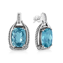 Load image into Gallery viewer, .925 Sterling Silver 14x10MM Cushion Cut Blue Topaz Gemstone and Diamond Accent Dangle Earring (I-J Color, I1-I2 Clarity)