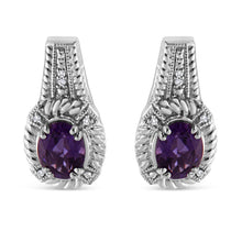 将图片加载到图库查看器,.925 Sterling Silver 8x6 MM Natural Oval Purple Amethyst Gemstone and Diamond Accent Art Deco Style Drop and Dangle Earrings (I-J Color, I1-I2 Clarity)