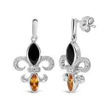 Load image into Gallery viewer, .925 Sterling Silver Marquise Cut Onyx and Citrine with Diamond Accent Fleur De Lis Drop Stud Earrings (H-I Color, SI1-SI2 Clarity)