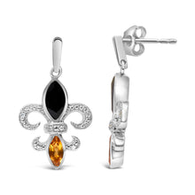 Load image into Gallery viewer, .925 Sterling Silver Marquise Cut Onyx and Citrine with Diamond Accent Fleur De Lis Drop Stud Earrings (H-I Color, SI1-SI2 Clarity)