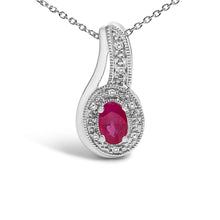 Load image into Gallery viewer, .925 Sterling Silver Red Ruby and Diamond Accent Milgrain Swirl Pendant Necklace - 18" Inches