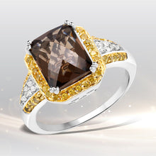 Load image into Gallery viewer, 3.48 Carat Genuine Smoky Quartz, Yellow Diamond and White Diamond .925 Sterling Silver Ring