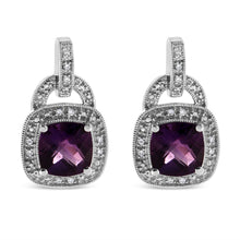 Load image into Gallery viewer, .925 Sterling Silver 8MM Natural Cushion Shaped Amethyst and Diamond Accent Halo with Push Back Dangle Earrings (I-J Color, I2-I3 Clarity)