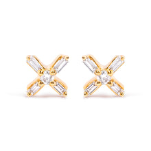 Load image into Gallery viewer, 10K Yellow Gold 1/10 Cttw Round and Baguette Diamond Criss Cross X Stud Earring (H-I Color, I1-I2 Clarity)