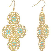 Load image into Gallery viewer, Gold Turquoise Color Round Filigree Dangle Earrings
