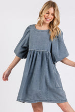 Load image into Gallery viewer, Washed Round Neck Puff Sleeve Denim Dress โ Casual, Vintage-Inspired, Comfortable & Chic, Effortlessly Stylish, Classic Denim Dress
