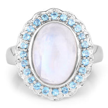 Load image into Gallery viewer, 7.21 Carat Genuine White Rainbow Moonstone & Swiss Blue Topaz .925 Sterling Silver Ring