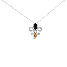 Load image into Gallery viewer, .925 Sterling Silver Marquise Onyx and Citrine and Diamond Accent Fleur De Lis Pendant Necklace (H-I Color, SI1-SI2 Clarity) - 18"