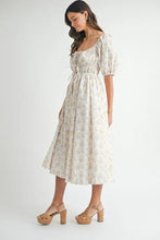 Load image into Gallery viewer, Floral Drawstring Detail Puff Sleeve Midi Dress – Romantic Floral Midi Dress, Ruched Drawstring Dress, Feminine Puff Sleeve Dress, Trendy Garden Party Dress For Summer