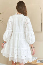 Load image into Gallery viewer, Lace Detail Tiered Eyelet V-Neck Babydoll Dress For Women – Feminine Boho Chic Dress, Fluttering, Elegant Lace & Eyelet