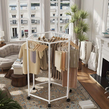 Load image into Gallery viewer, 360 Rotating Freestanding Clothing Rack, Hexagonal Carbon Steel Organizer with Wheels