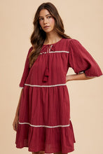 将图片加载到图库查看器,Tassel Contrast Trim Tie Neck Half Sleeve Tiered Dress – Bohemian-Inspired Dress with Tassel Details, Adjustable Tie Neck, and Tiered Design for a Flowing, Feminine Silhouette