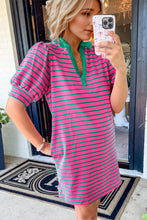 Load image into Gallery viewer, Pink Striped Collar Puff Sleeve Mini Tee Dress Chic & Casual Statement Piece Simple Women Dress