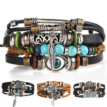 将图片加载到图库查看器,BOHO Tibet Stone Feather Multilayer Leather Bracelet Eye Fish Charms Beads Bracelets For Men Vintage Punk Wrap Wristband Cool Jewelry